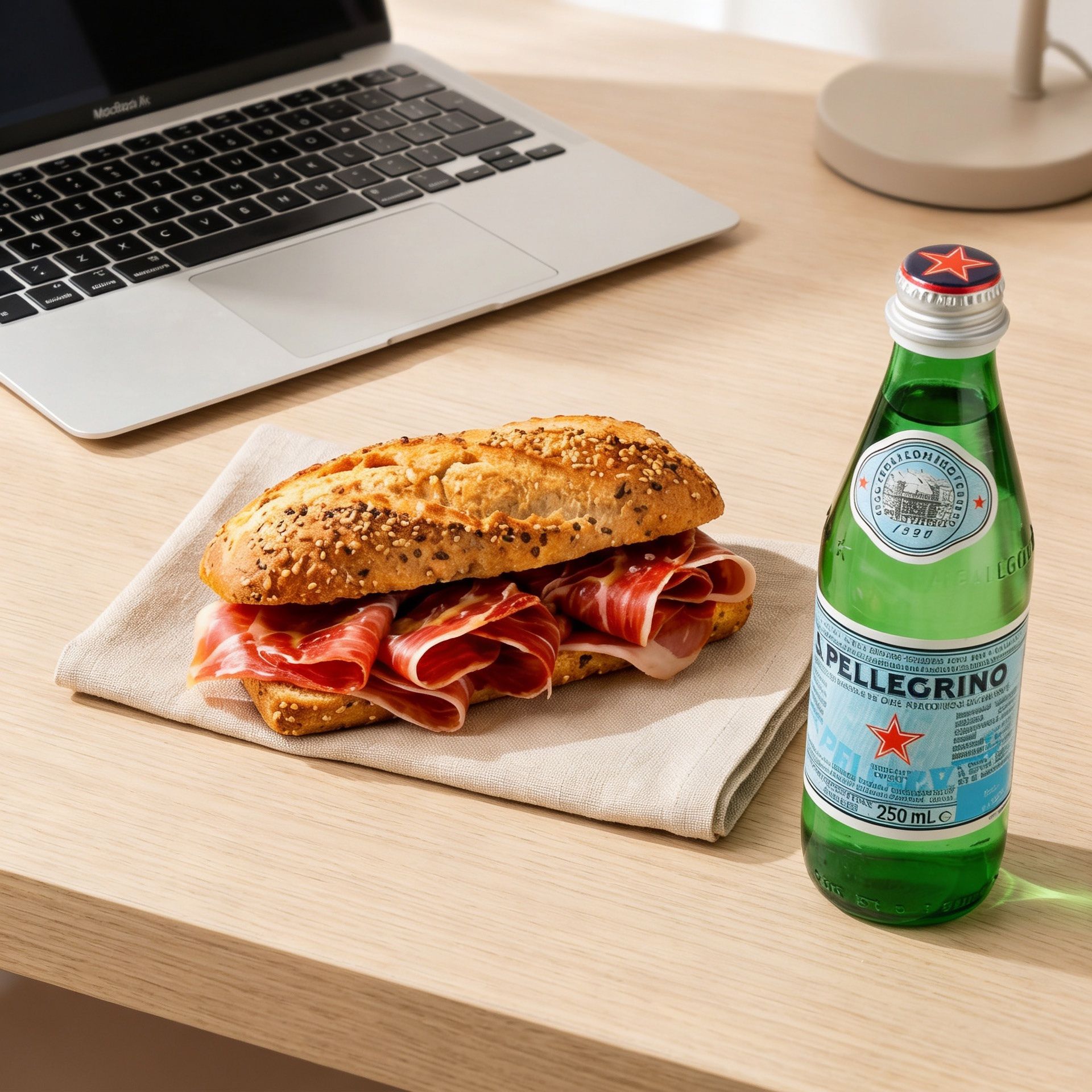 Bocadillo y agua mineral en mesa de oficina