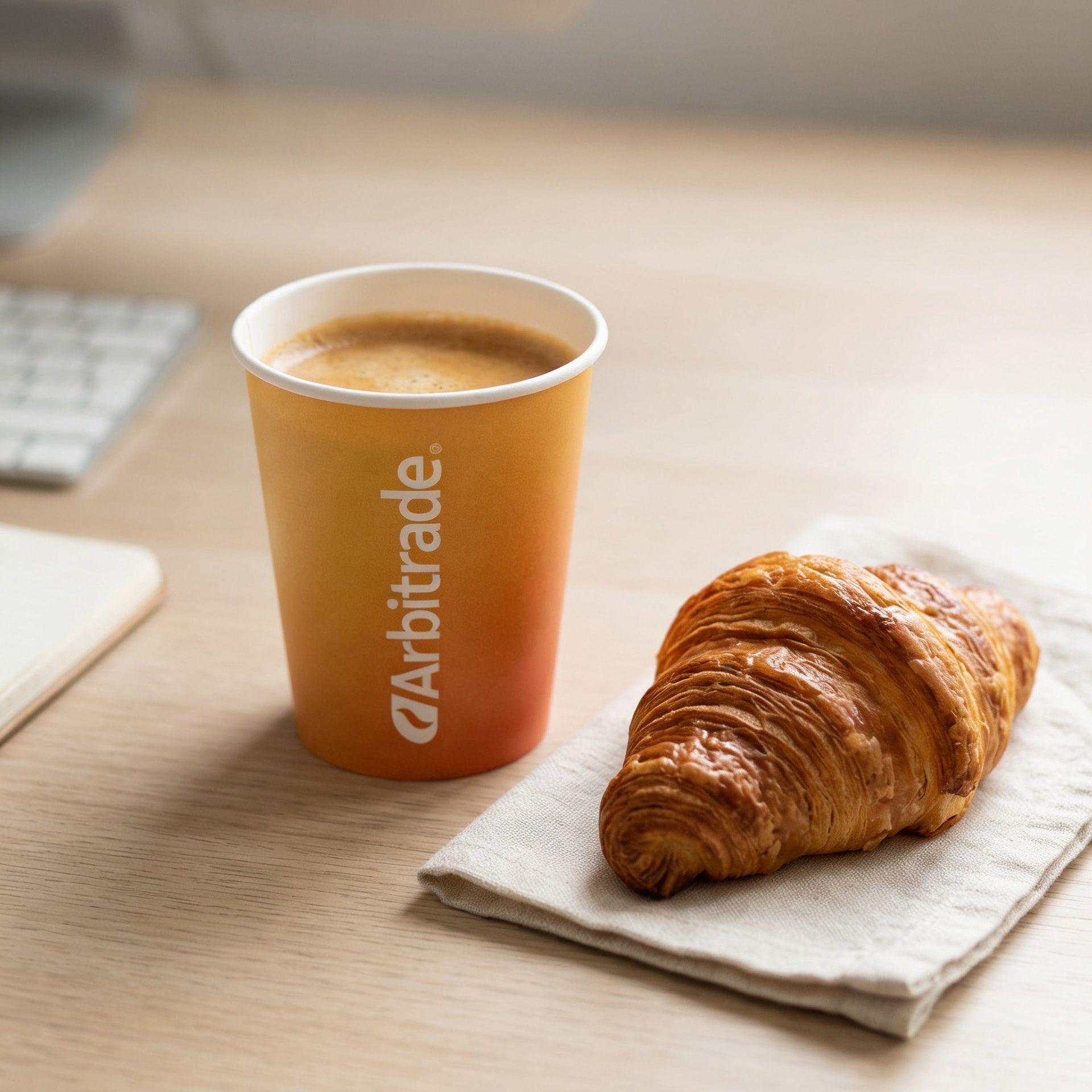 Vaso Arbitrade y croissant en mesa de trabajo