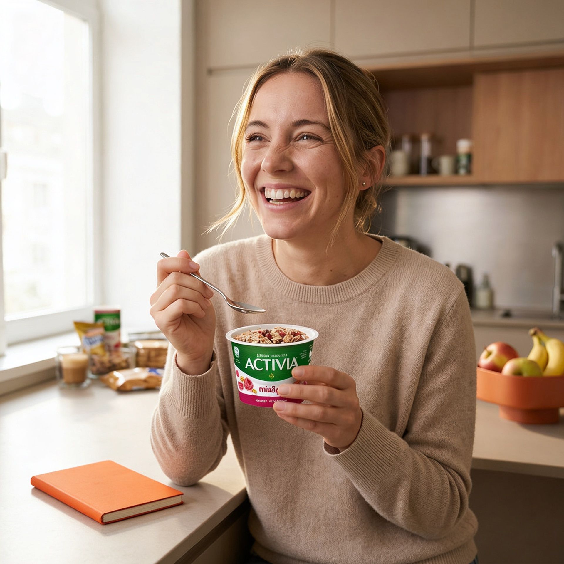 Mujer riendo con yogur en cocina luminosa