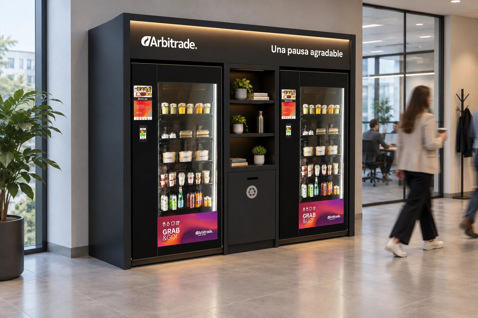 Smart shop Arbitrade: dos vitrinas Grab & Go con frontal rotulado en un hall de oficinas