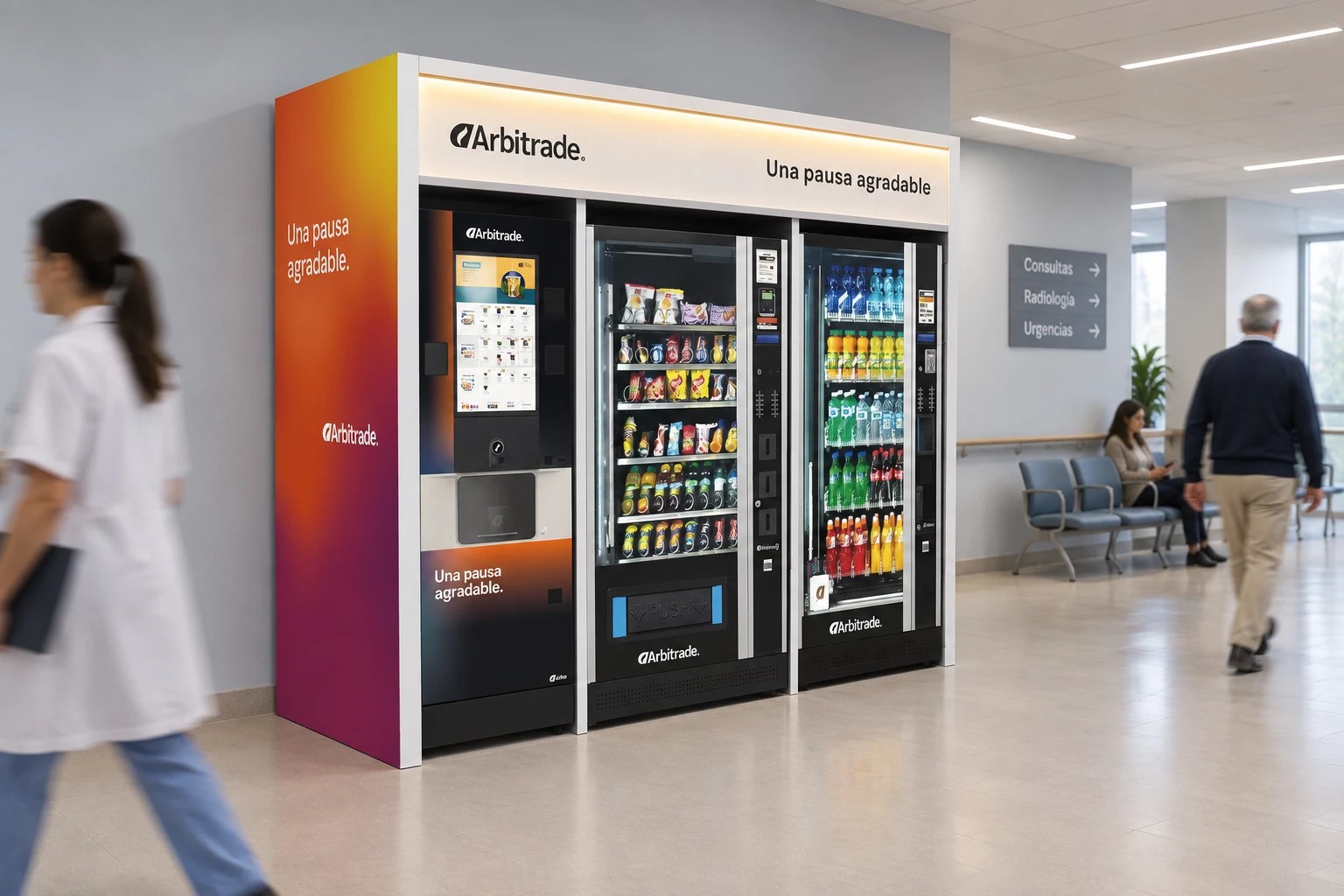 Personalización estándar Arbitrade en un conjunto de máquinas vending y café en un hall de hospital